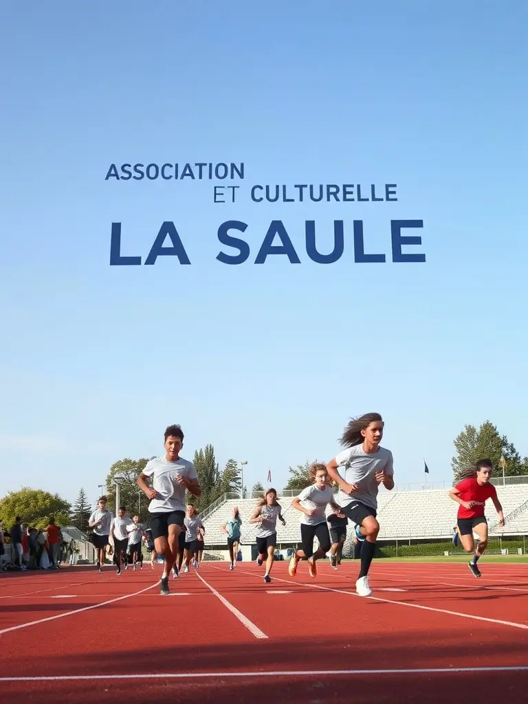 Students running track and field events, showcasing speed, agility, and endurance, with the ASSOCIATION SPORTIVE ET CULTURELLE LA SAULE banner in the background.