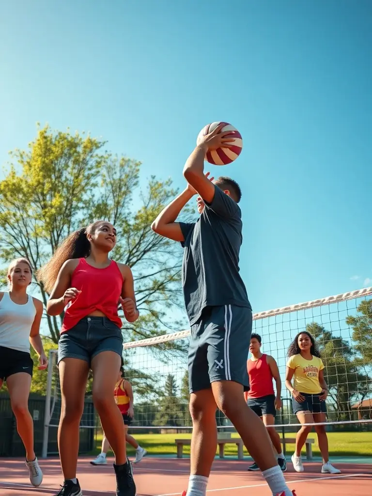 Students participating in a volleyball match, highlighting the volleyball program's emphasis on coordination and team strategy at ASSOCIATION SPORTIVE ET CULTURELLE LA SAULE.