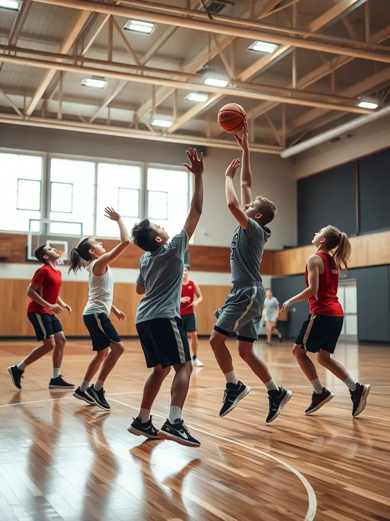 Teenagers playing basketball in an indoor court, demonstrating the basketball program's focus on skill development and competitive play at ASSOCIATION SPORTIVE ET CULTURELLE LA SAULE.
