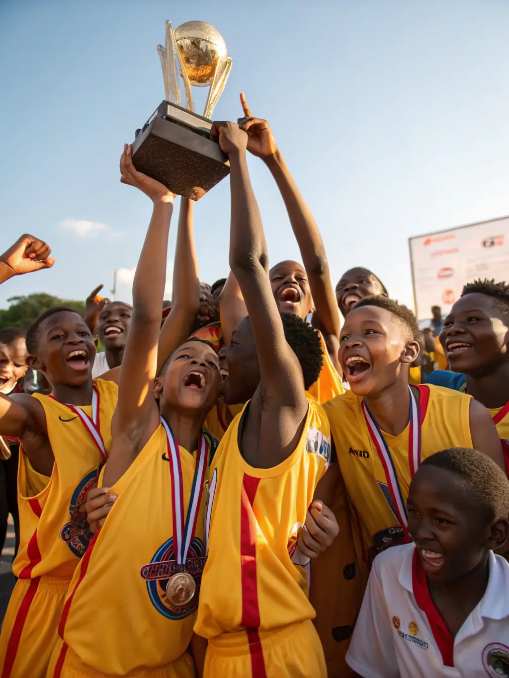A diverse group of students laughing and high-fiving after a basketball game, symbolizing inclusivity and teamwork at ASSOCIATION SPORTIVE ET CULTURELLE LA SAULE.