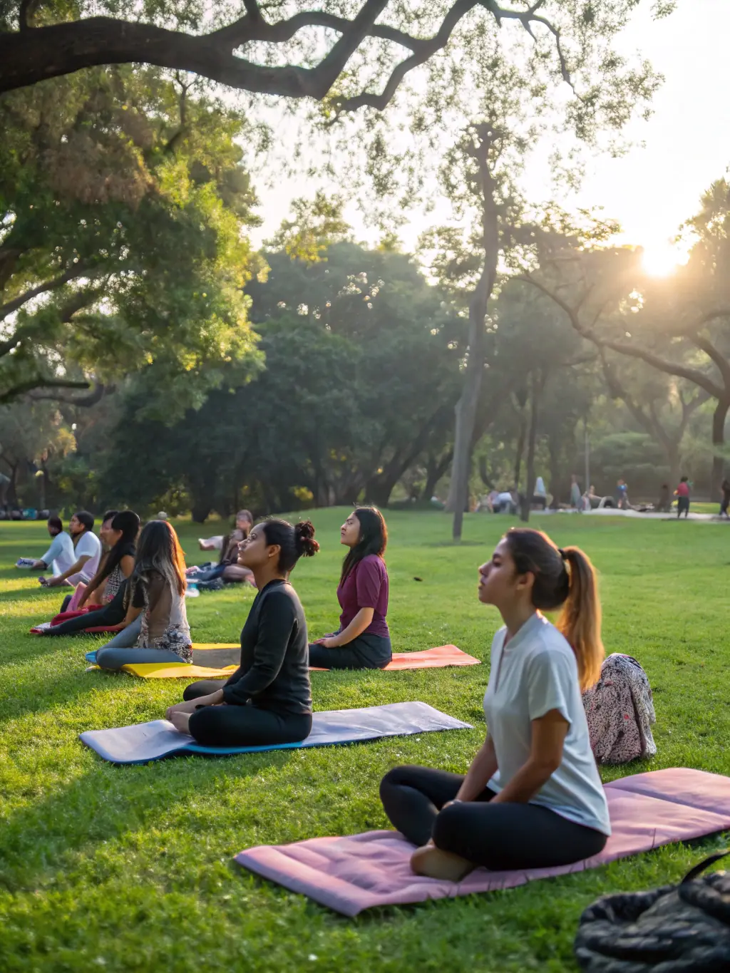 Students participating in a yoga session outdoors, promoting physical and mental well-being through ASSOCIATION SPORTIVE ET CULTURELLE LA SAULE's programs.
