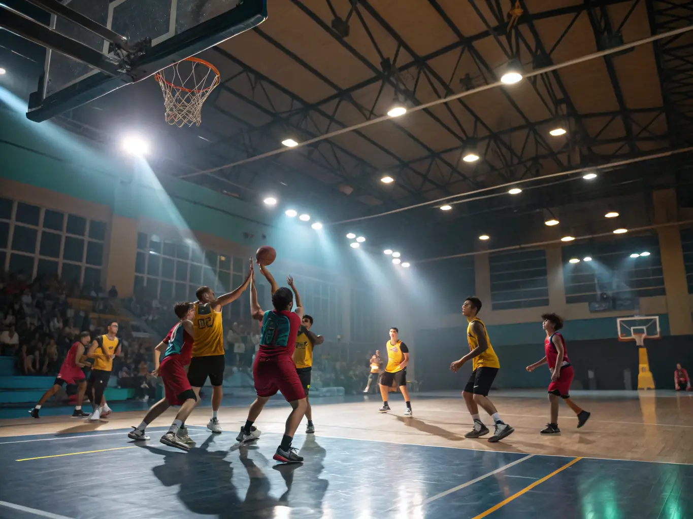 An action shot of students playing basketball in a gymnasium, focusing on the teamwork and competitive spirit.