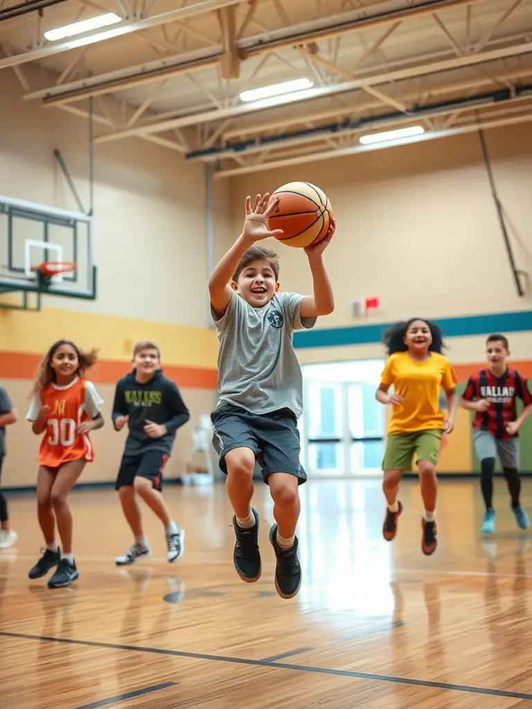 Students participating in a basketball training session indoors, focusing on dribbling and shooting techniques, guided by a coach.