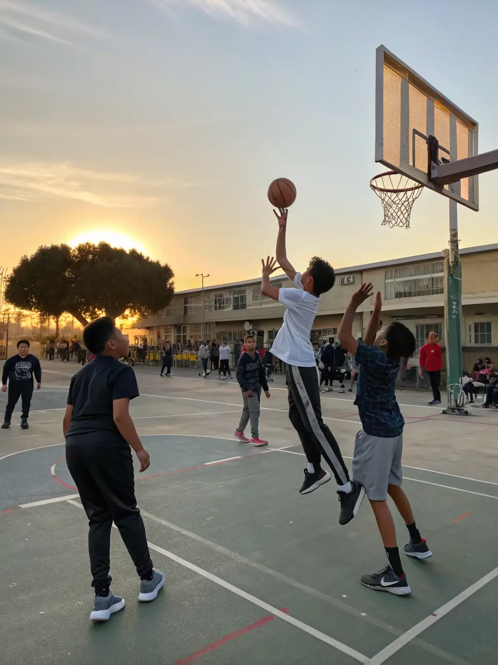 Students participating in a basketball game indoors, showcasing agility, coordination, and competitive spirit, representing the basketball program at ASSOCIATION SPORTIVE ET CULTURELLE LA SAULE.