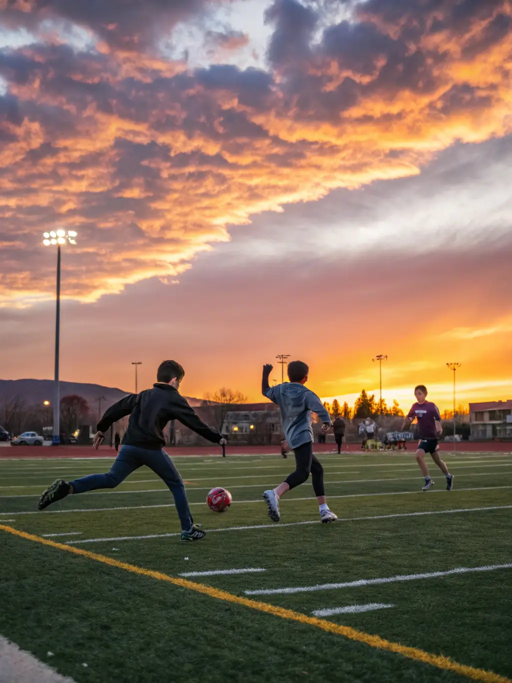 A group of students playing soccer on a sunny field, wearing sports uniforms and showing teamwork and enthusiasm, representing the soccer program offered by ASSOCIATION SPORTIVE ET CULTURELLE LA SAULE.