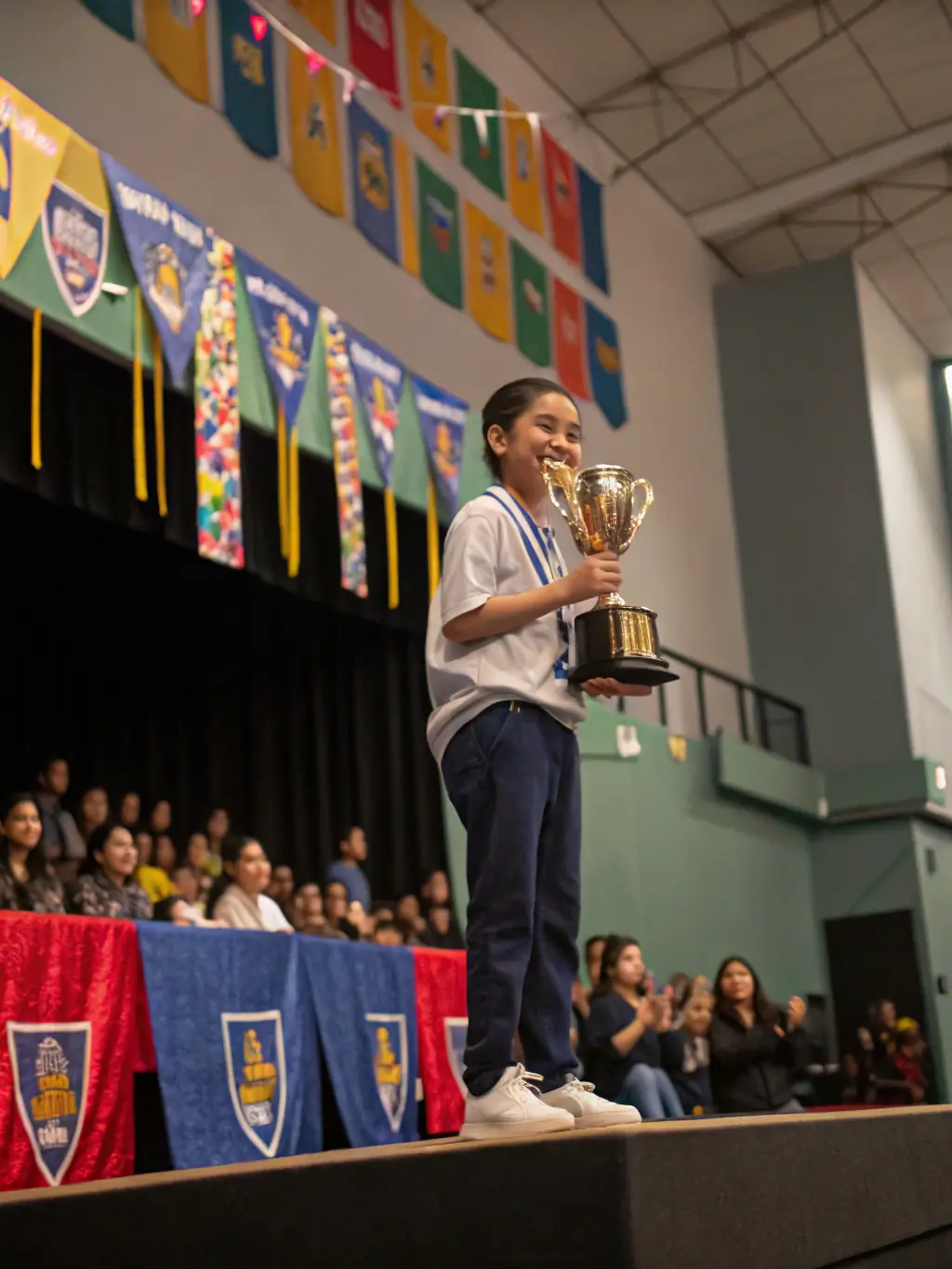 A student receiving an award at a sports event, highlighting the opportunities for personal growth and achievement within ASSOCIATION SPORTIVE ET CULTURELLE LA SAULE.