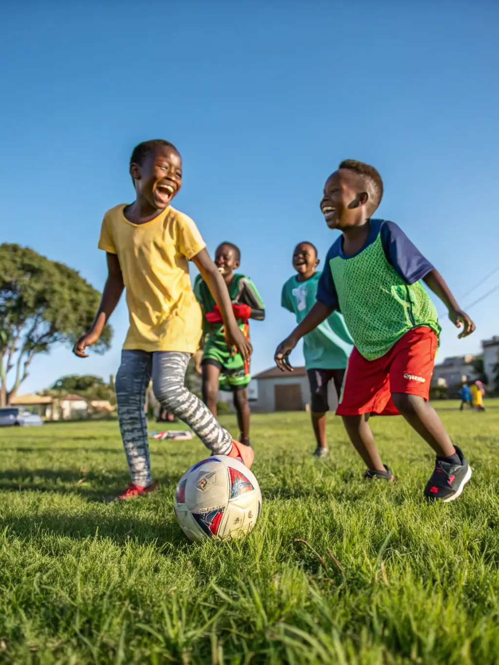 A group of young students in soccer uniforms, practicing drills on a sunny field, showcasing the soccer program offered by ASSOCIATION SPORTIVE ET CULTURELLE LA SAULE.