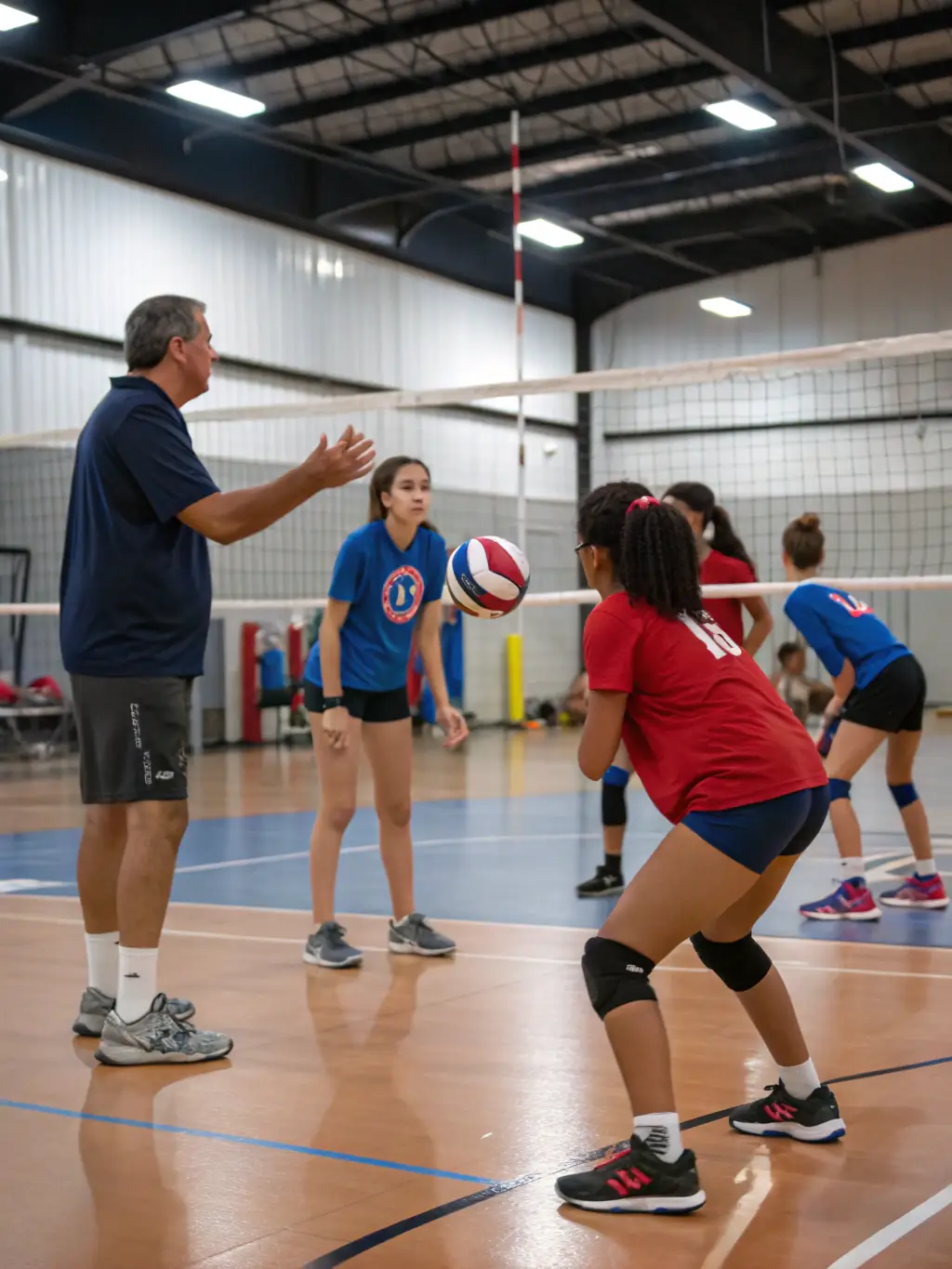 A volleyball team practicing serves and spikes in a gymnasium, demonstrating coordination and athletic ability.